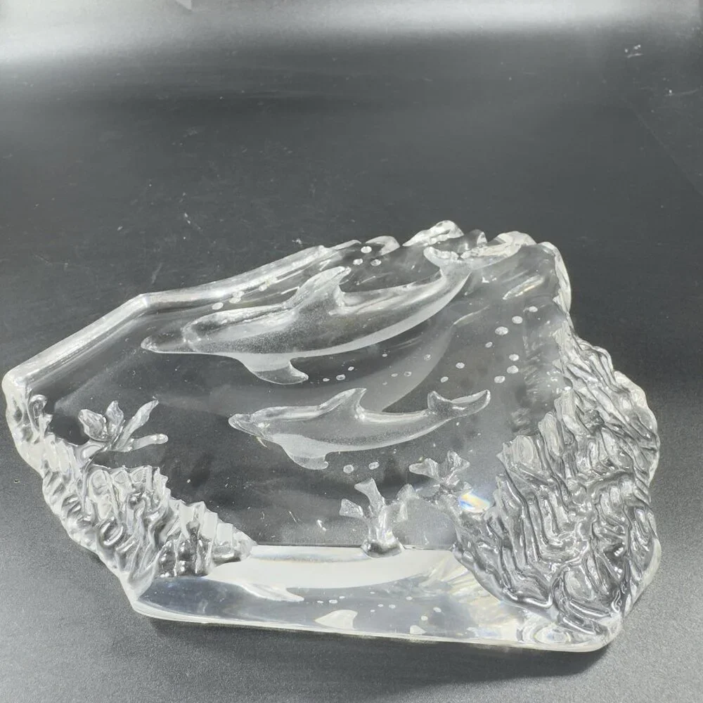 Vintage Clear Crystal Glass Plaque‎ Paperweight Dolphins Figurine Decorative VTG